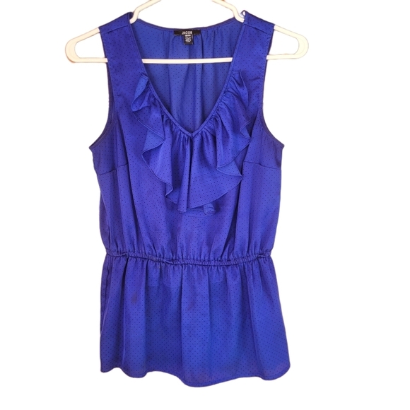 Jacob Sleeveless Blue with Black Polka Dot Ruffle V Neck Top XS - Picture 1 of 4